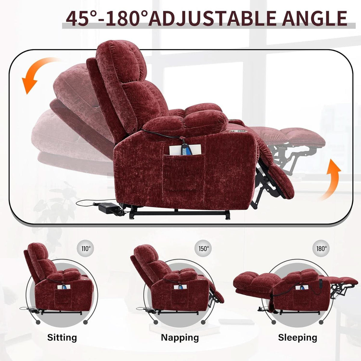 Red 180 Degree Flat Sleeping Electric Dual OKIN Motor Lift Recliner Chair With Heating