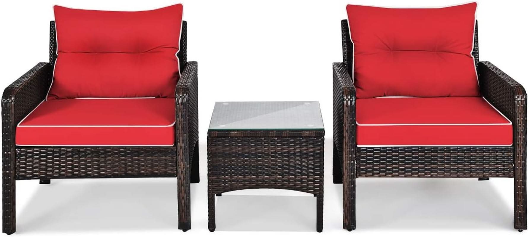Red 3 Piece Outdoor Patio Furniture Set With Wicker Chairs And Glass Top Coffee Table