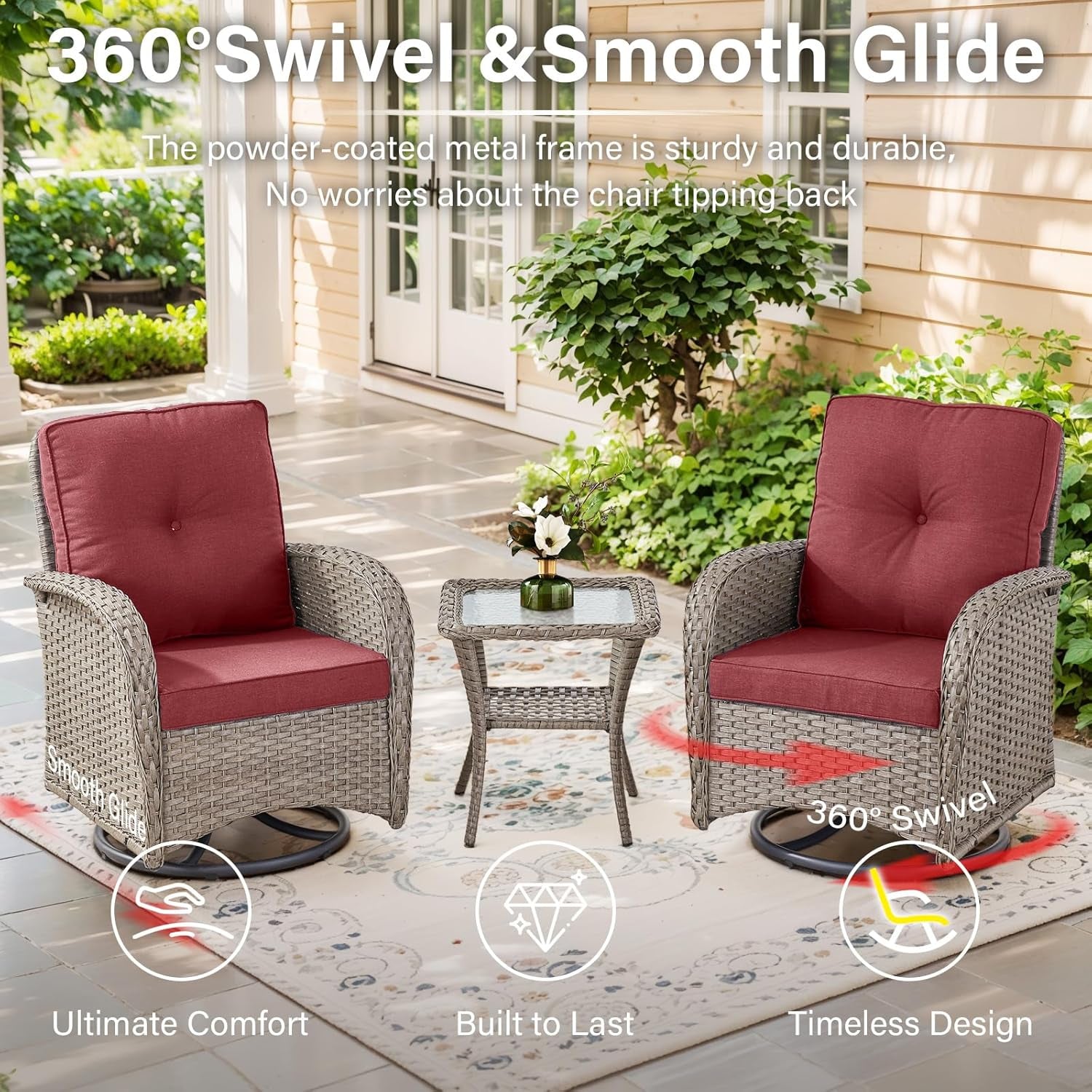 Red 5 Piece Wicker Patio Furniture Set With Swivel Rockers
