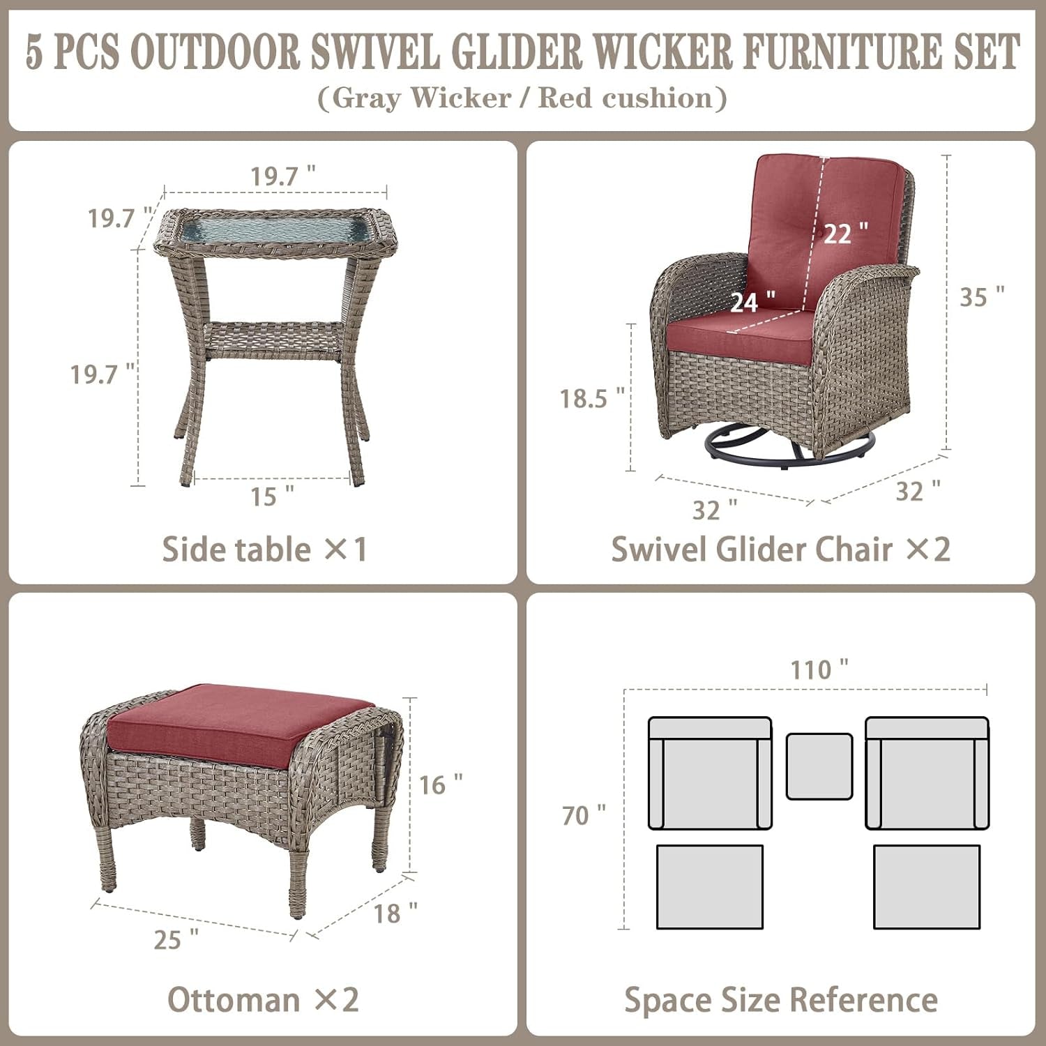 Red 5 Piece Wicker Patio Furniture Set With Swivel Rockers