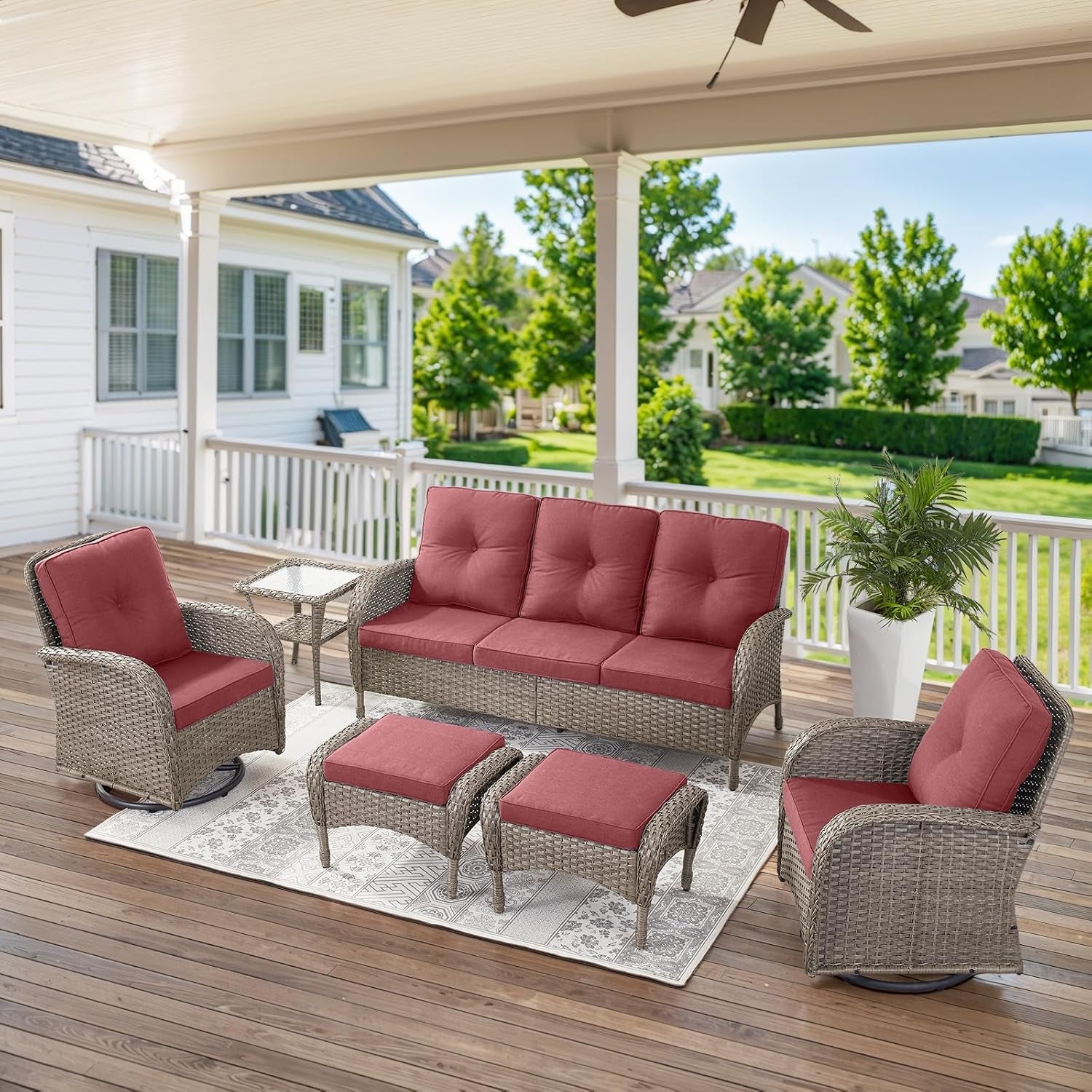 Red 5 Piece Wicker Patio Furniture Set With Swivel Rockers