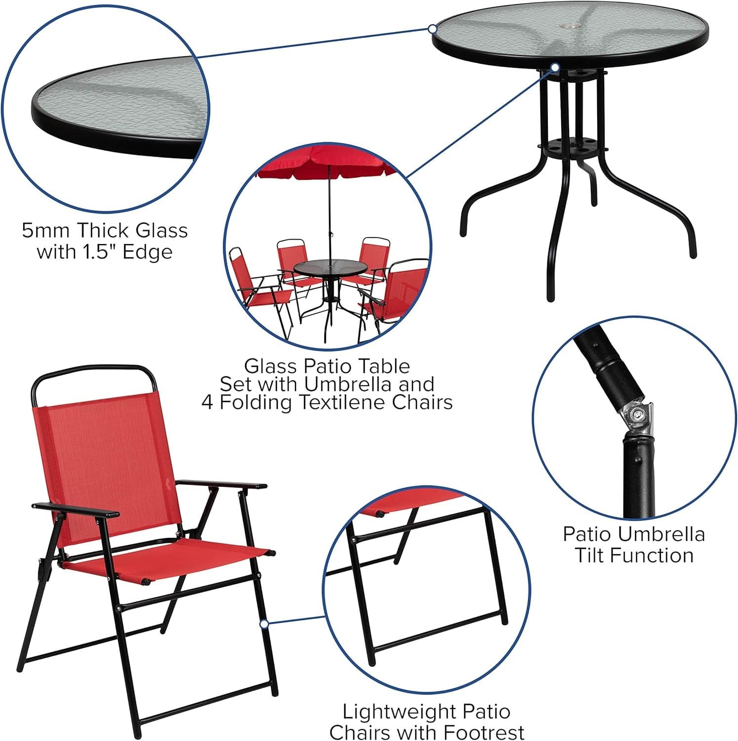 Red 6 Piece Patio Dining Set With Table And Umbrella