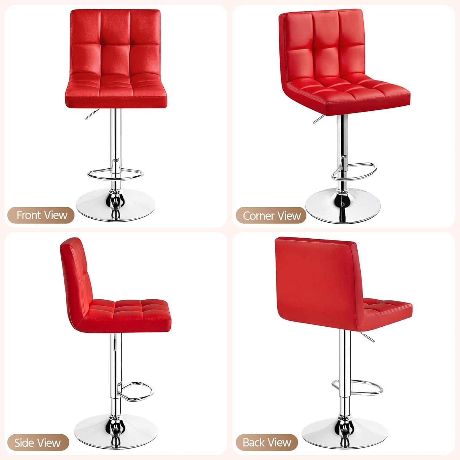 Red Adjustable PU Leather Swivel Bar Stools Set Of 2