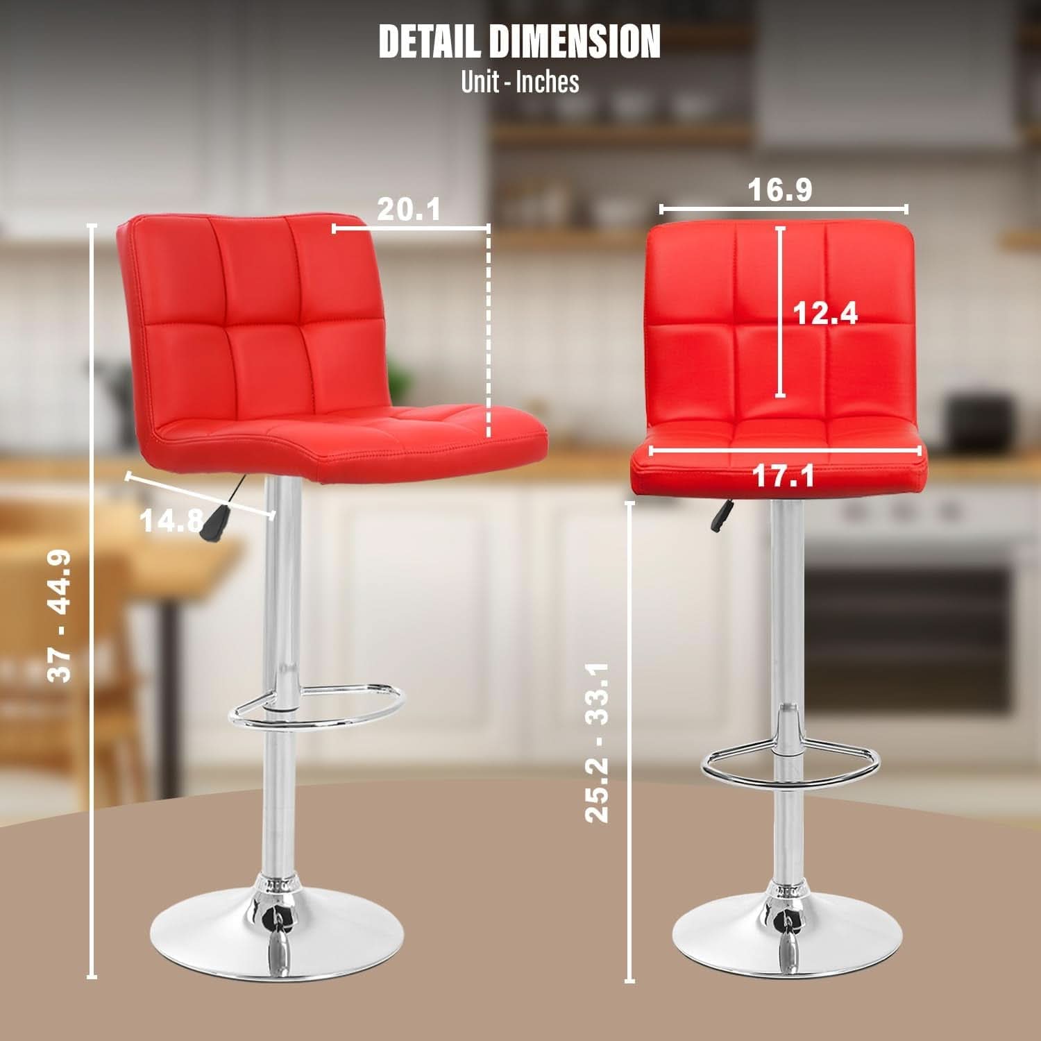 Red Adjustable Swivel Bar Stools Set Of 2 PU Leather