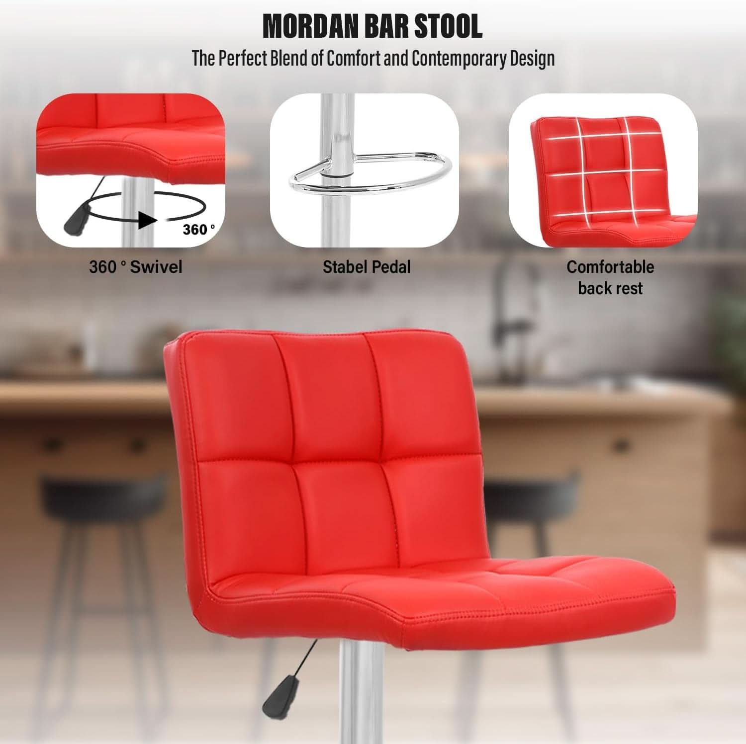 Red Adjustable Swivel Bar Stools Set Of 2 PU Leather