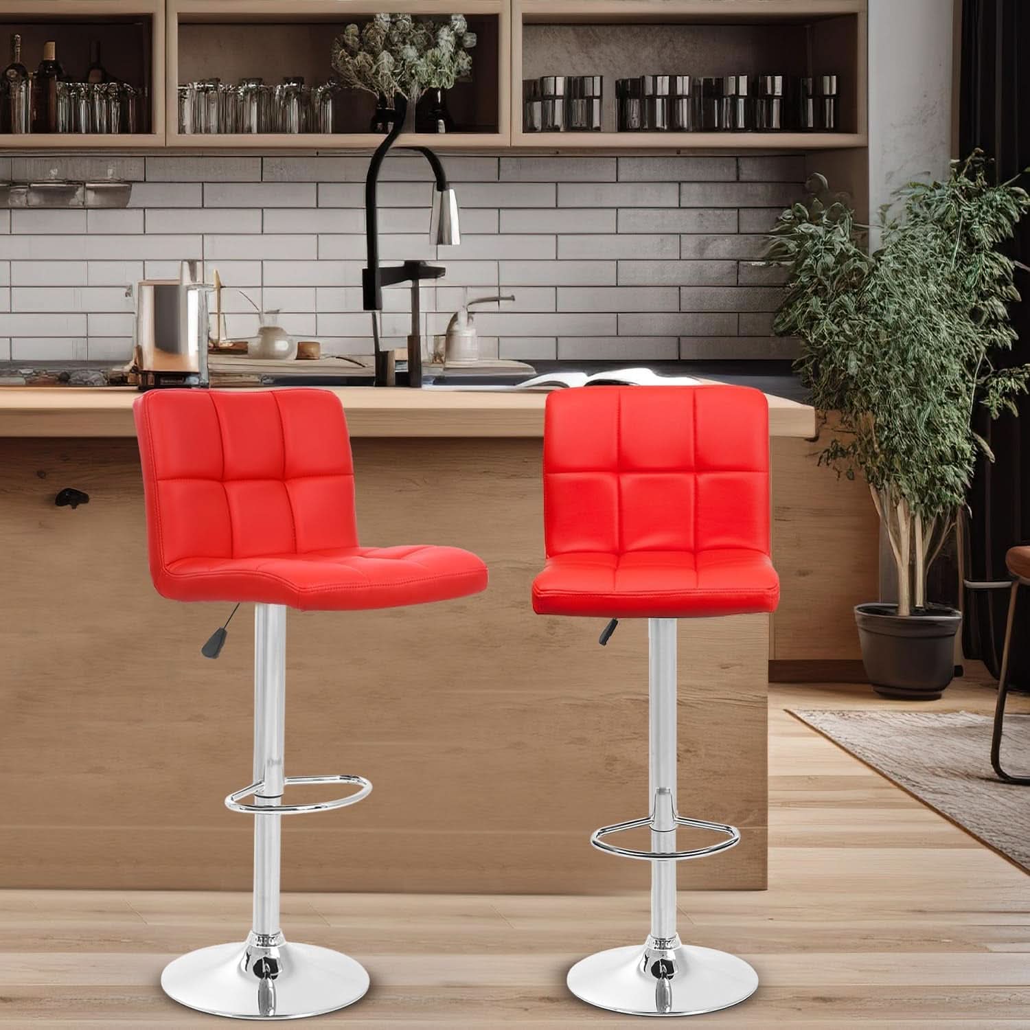 Red Adjustable Swivel Bar Stools Set Of 2 PU Leather