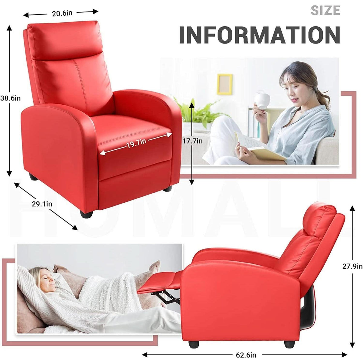 Red PU Leather Adjustable Recliner Chair With Padded Seat