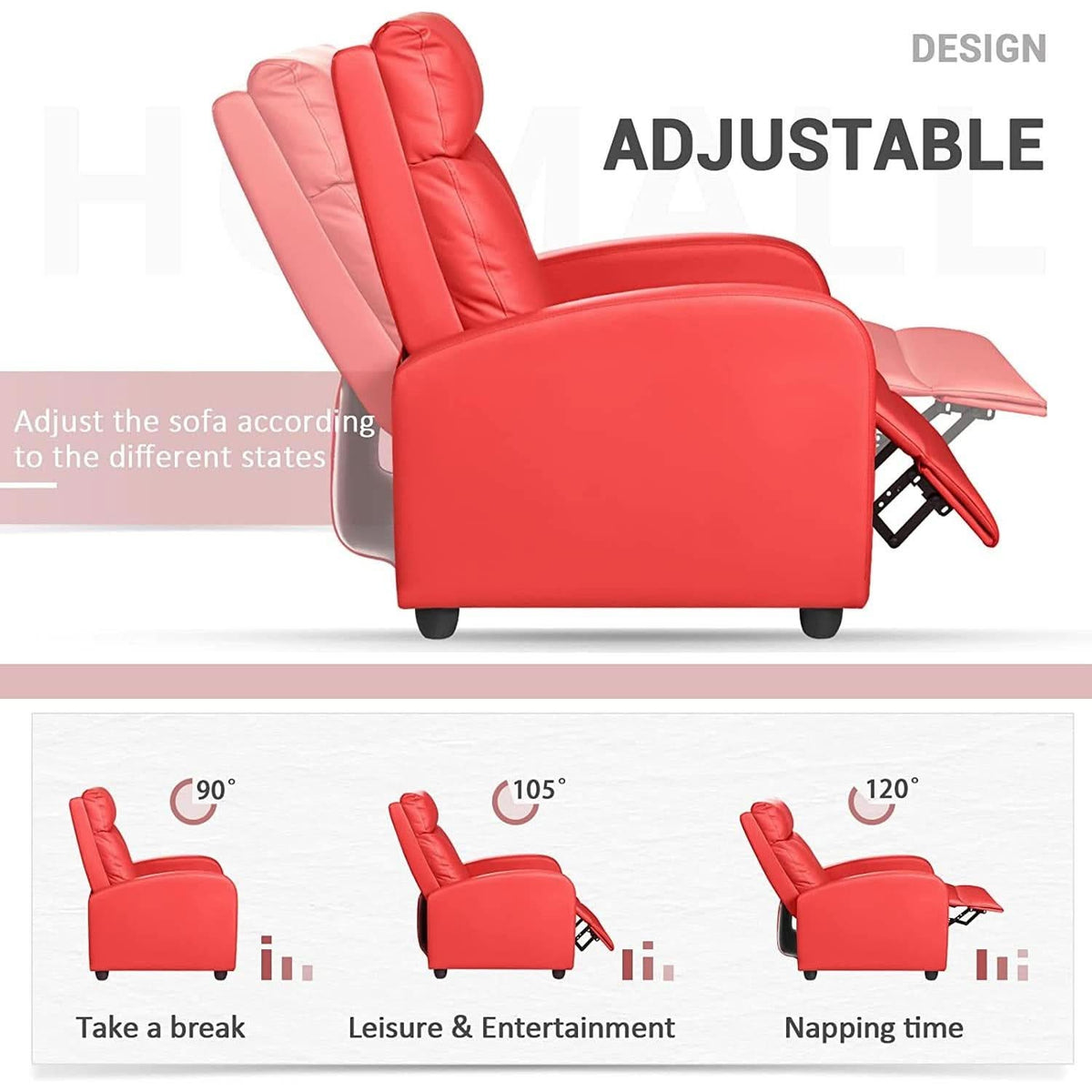 Red PU Leather Adjustable Recliner Chair With Padded Seat
