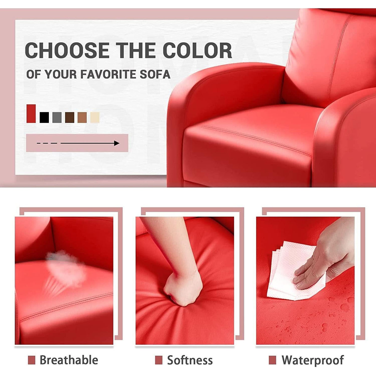 Red PU Leather Adjustable Recliner Chair With Padded Seat