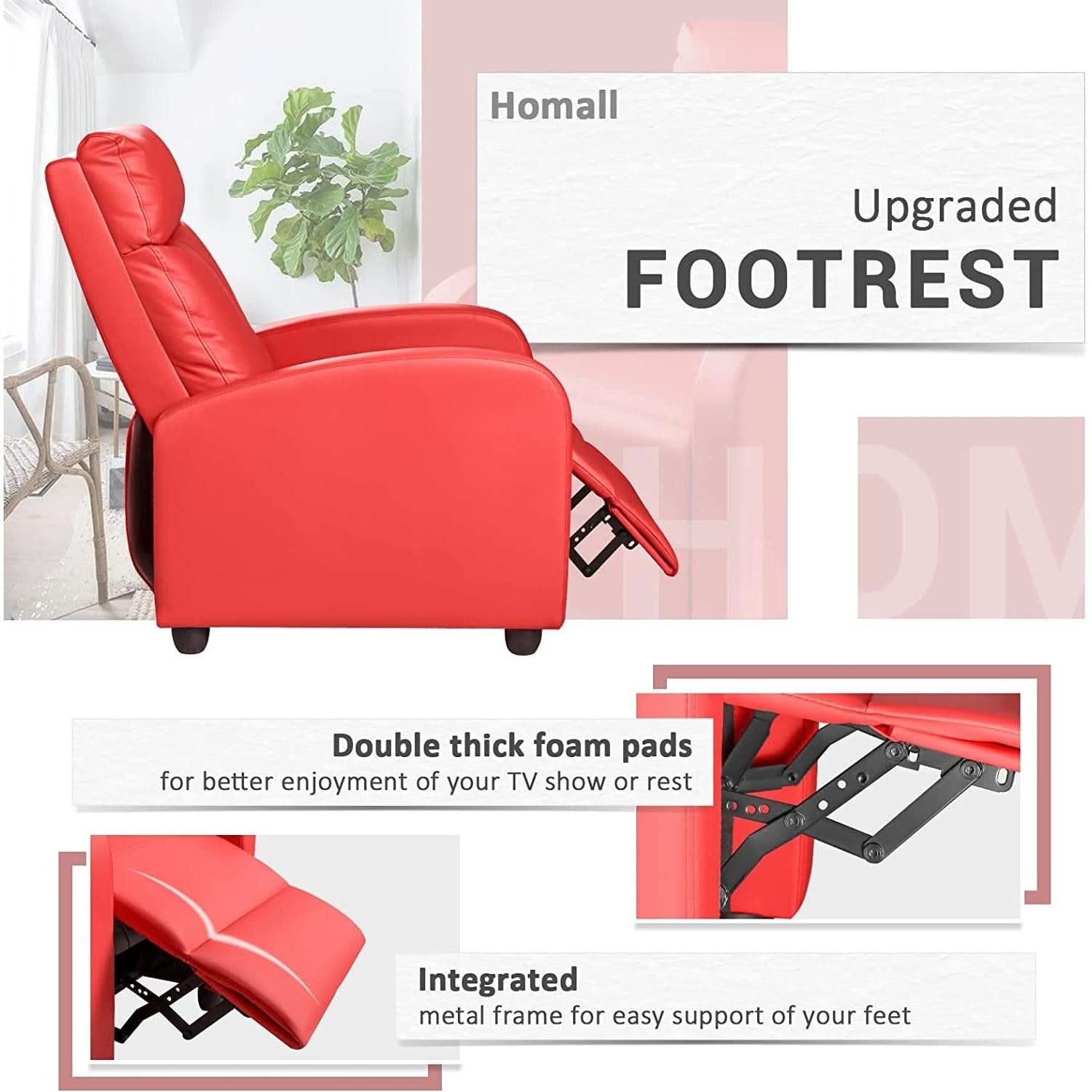 Red PU Leather Adjustable Recliner Chair With Padded Seat