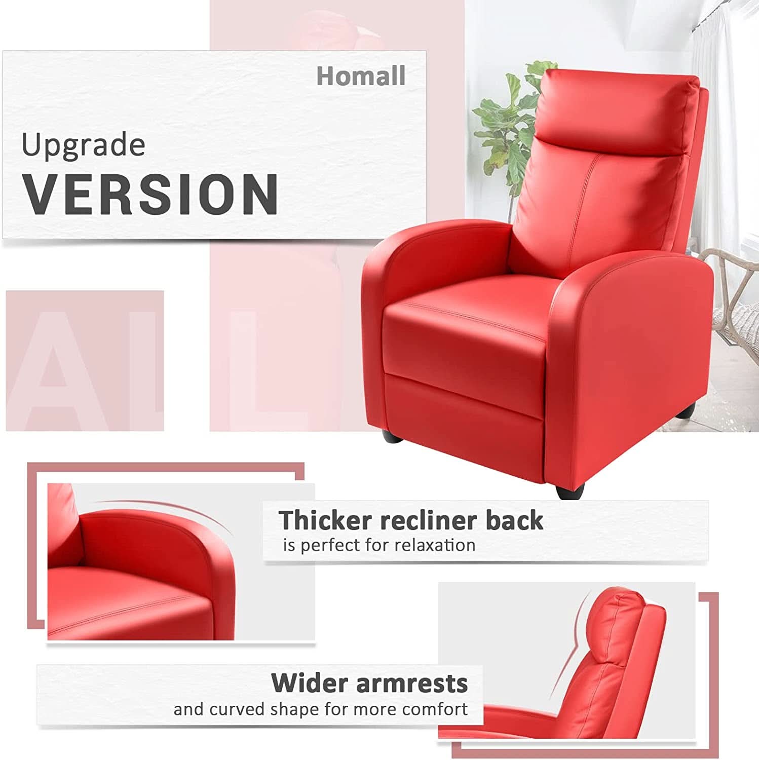 Red PU Leather Adjustable Recliner Chair With Padded Seat