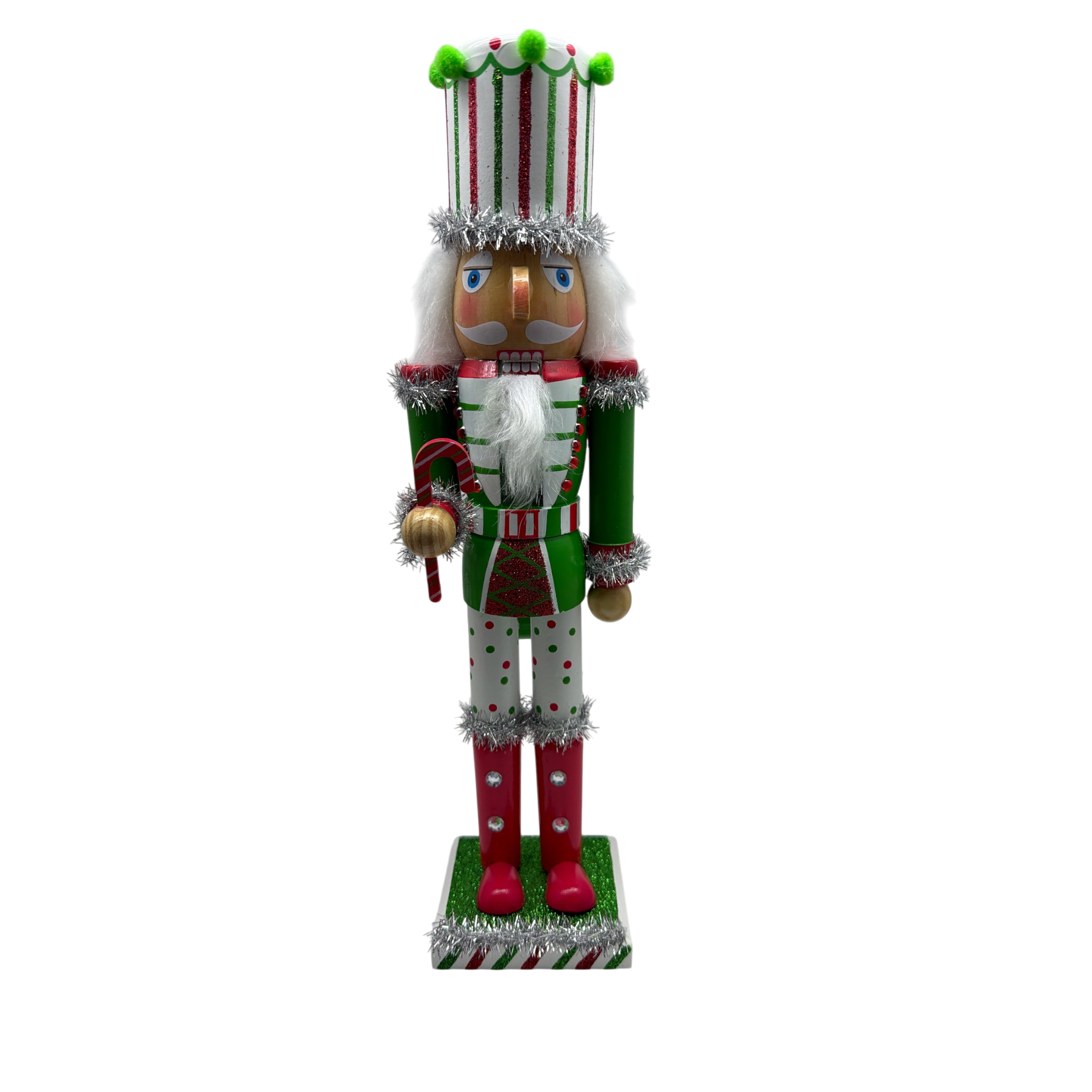 Red White and Green Nutcracker With Striped Hat