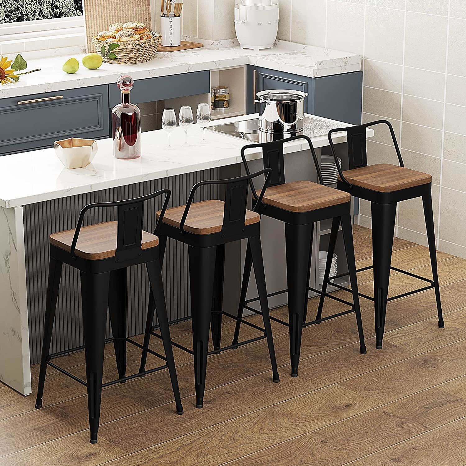Removable Back Bar Stools 24 Inch Height Set Of Four