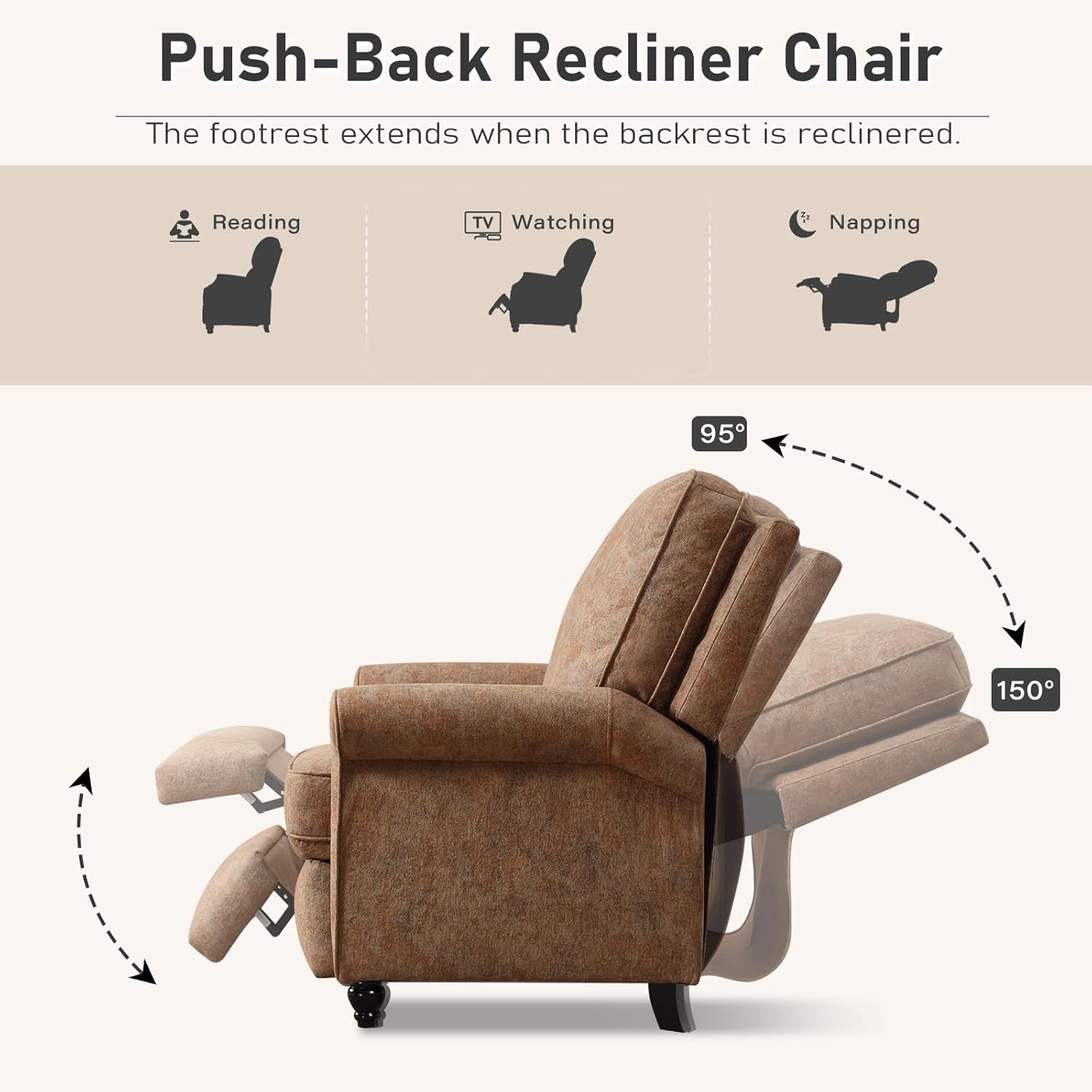 Retro Brown Push Back Recliner Chair Textured Fabric