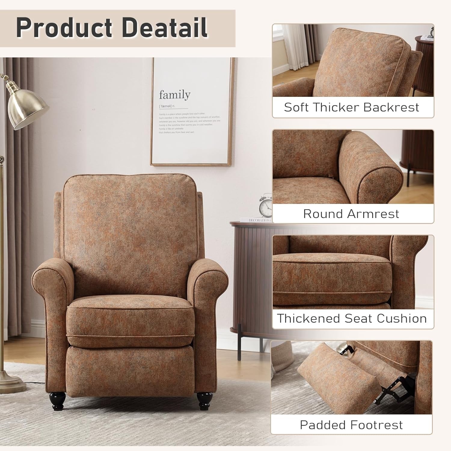 Retro Brown Push Back Recliner Chair Textured Fabric