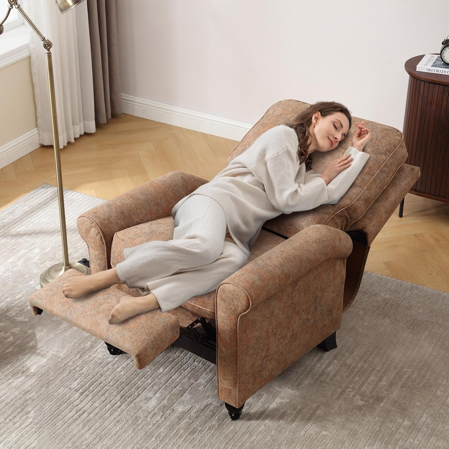 Retro Brown Push Back Recliner Chair Textured Fabric
