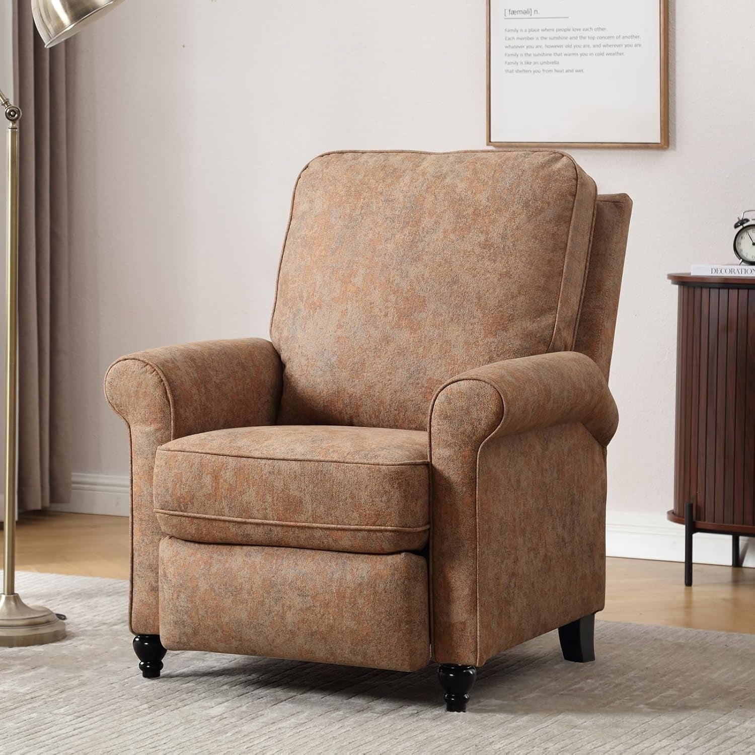 Retro Brown Push Back Recliner Chair Textured Fabric