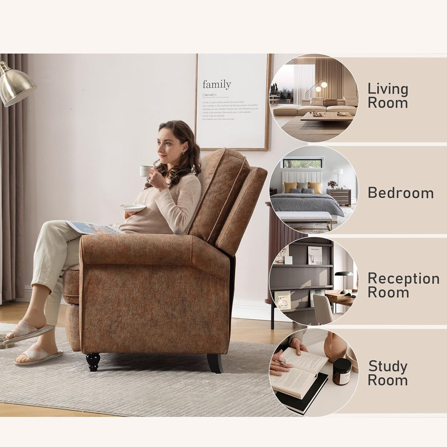 Retro Brown Push Back Recliner Chair Textured Fabric