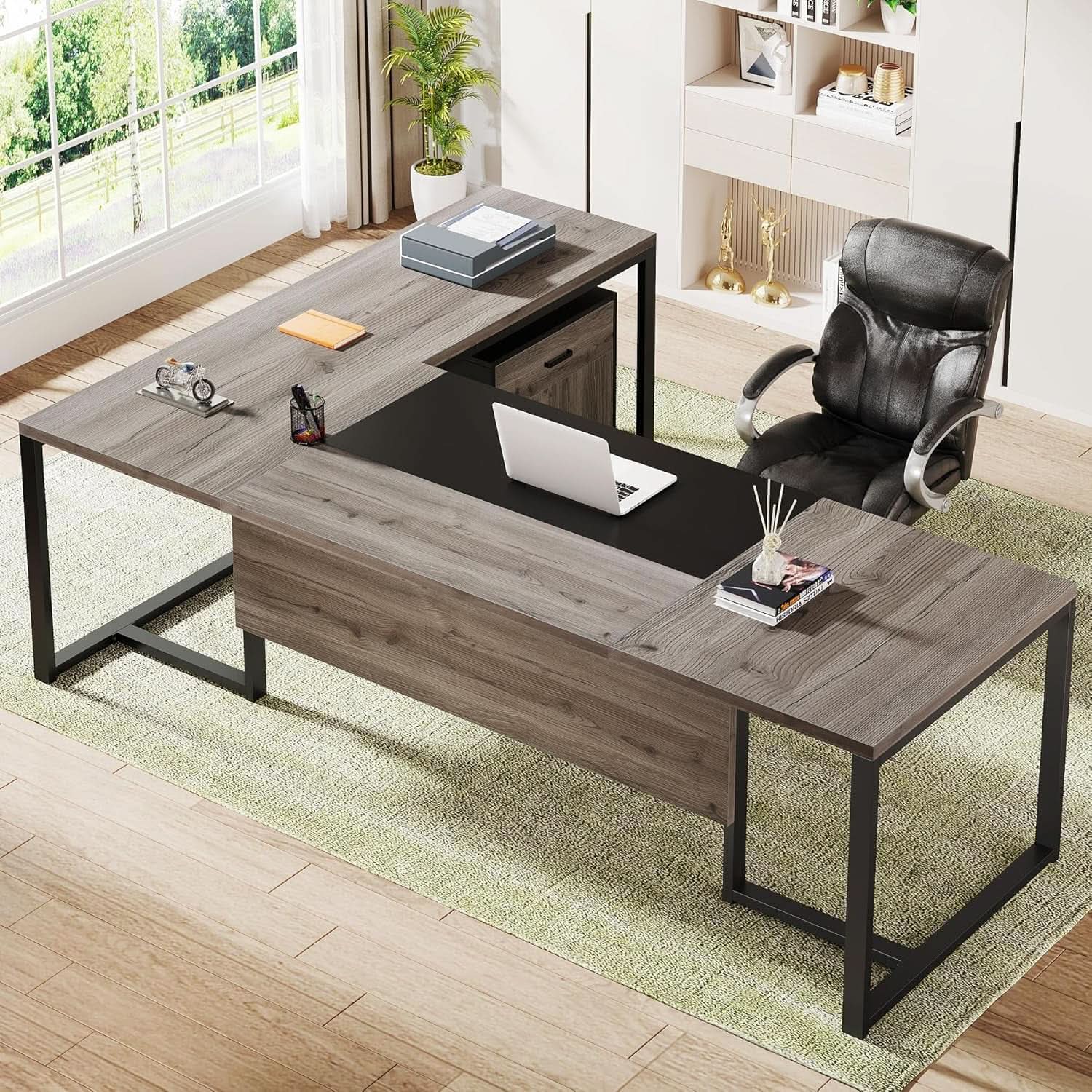 Retro-Gray L-Shaped Executive-Grade Desk File Cabinet
