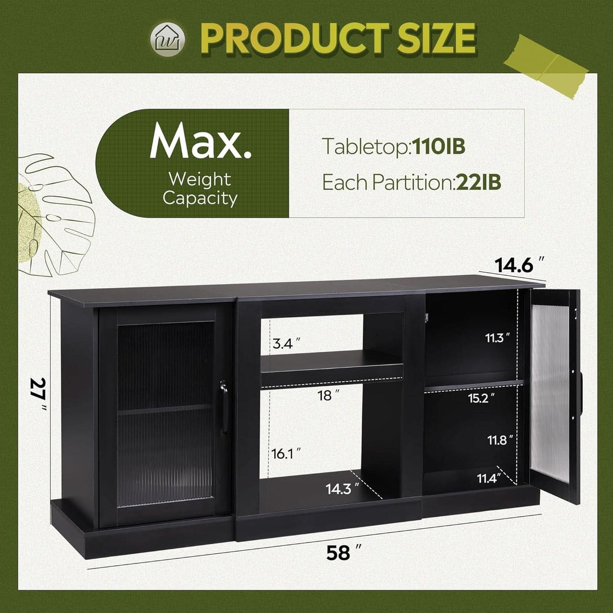 Retro TV Stand For 65 Inch TV With Storage And Open Shelves Black