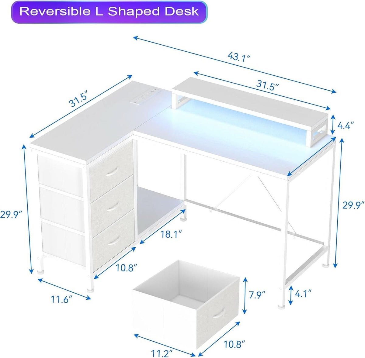 Reversible L Shaped Desk with LED Lights and Power Outlet