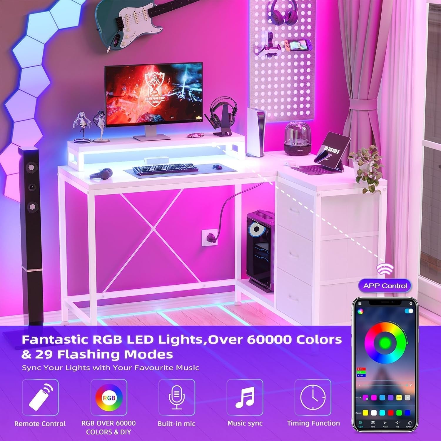 Reversible L Shaped Desk with LED Lights and Power Outlet