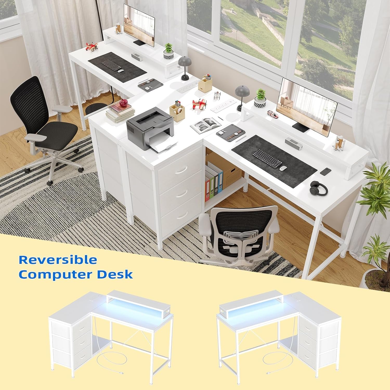 Reversible L Shaped Desk with LED Lights and Power Outlet