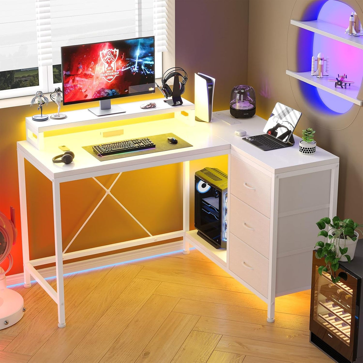 Reversible L Shaped Desk with LED Lights and Power Outlet