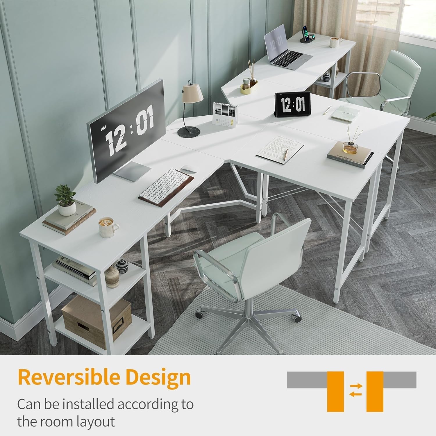 Reversible L Shaped Desk with Storage for Home Office