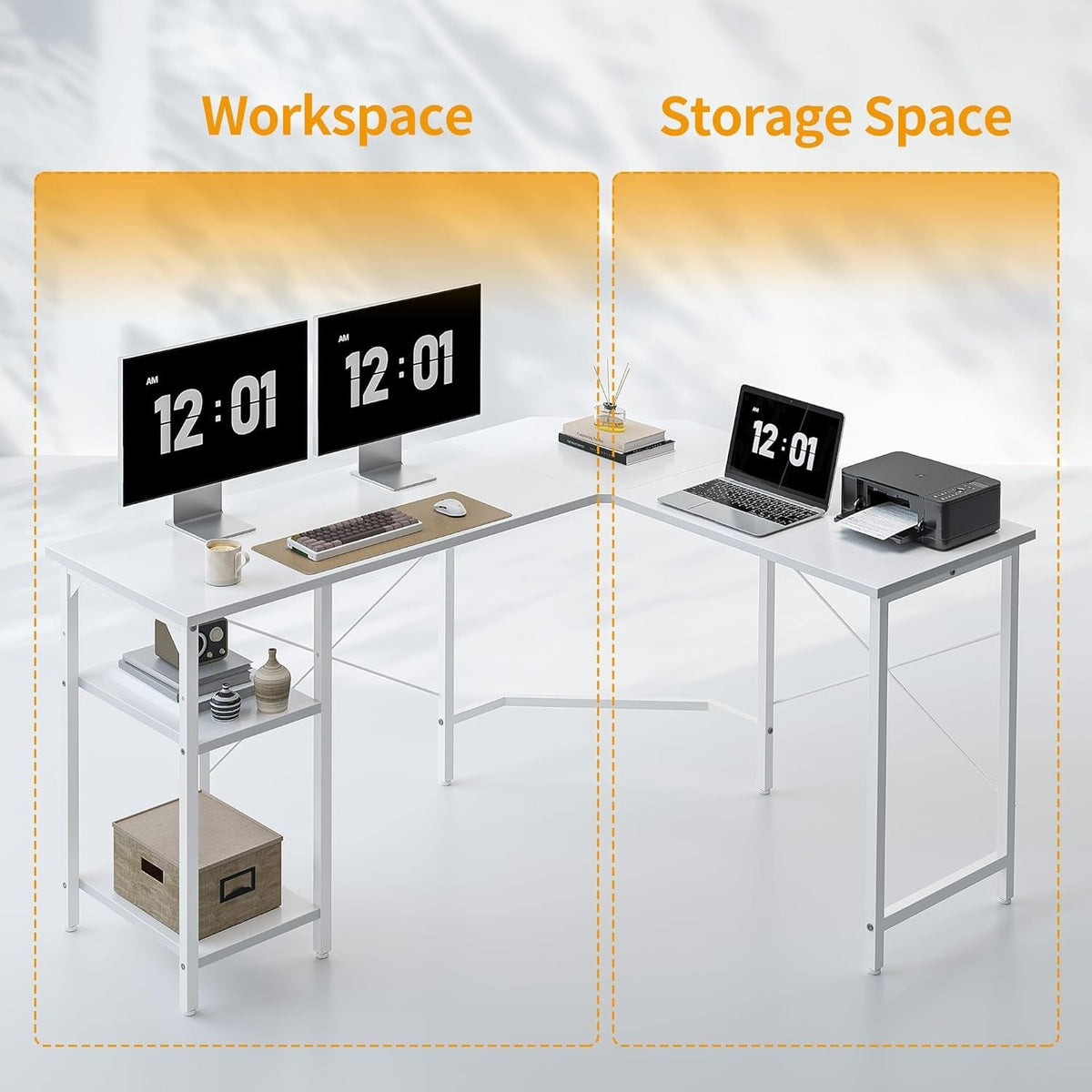 Reversible L Shaped Desk with Storage for Home Office