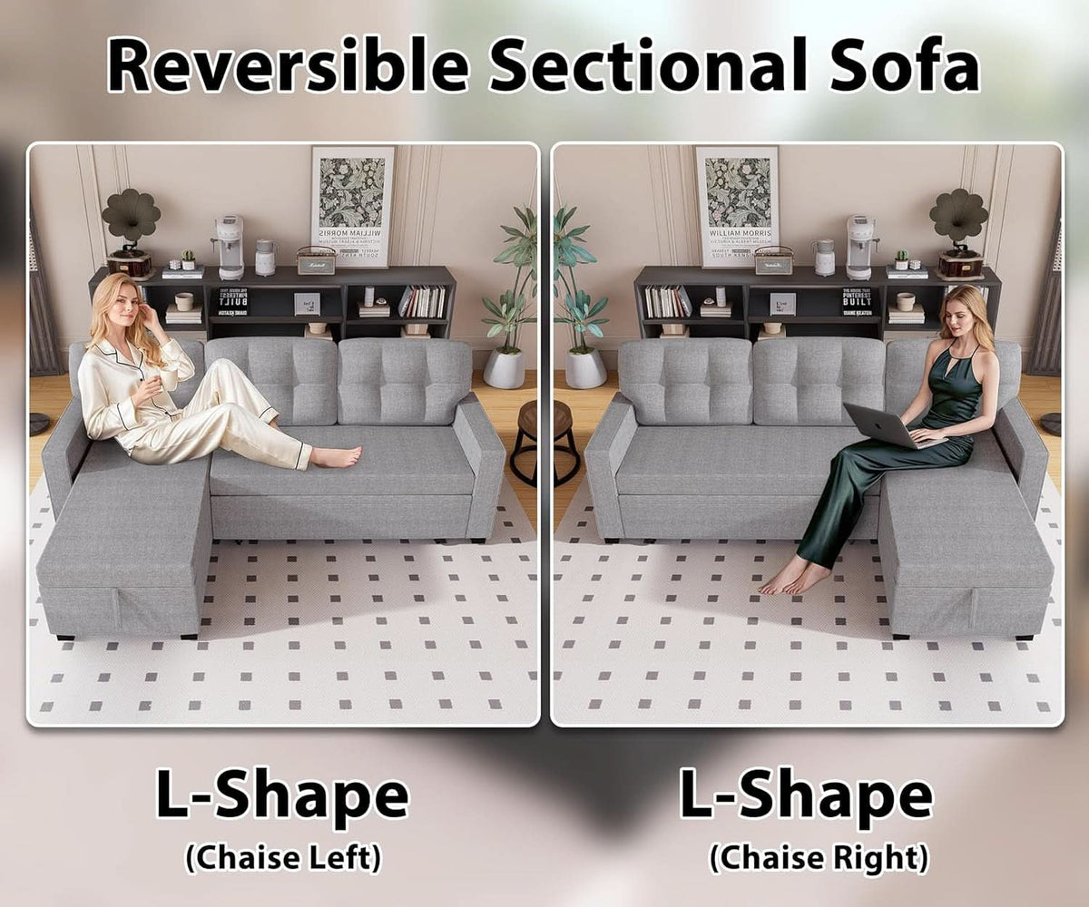 Reversible Sectional Sofa Couch, Sleeper Sofa Bed with Storage Chaise Pull Out Couch for Living Room | Hidden Stroge | Pull Out Bed | Removable Backrest | Linen Fabric, Light Grey
