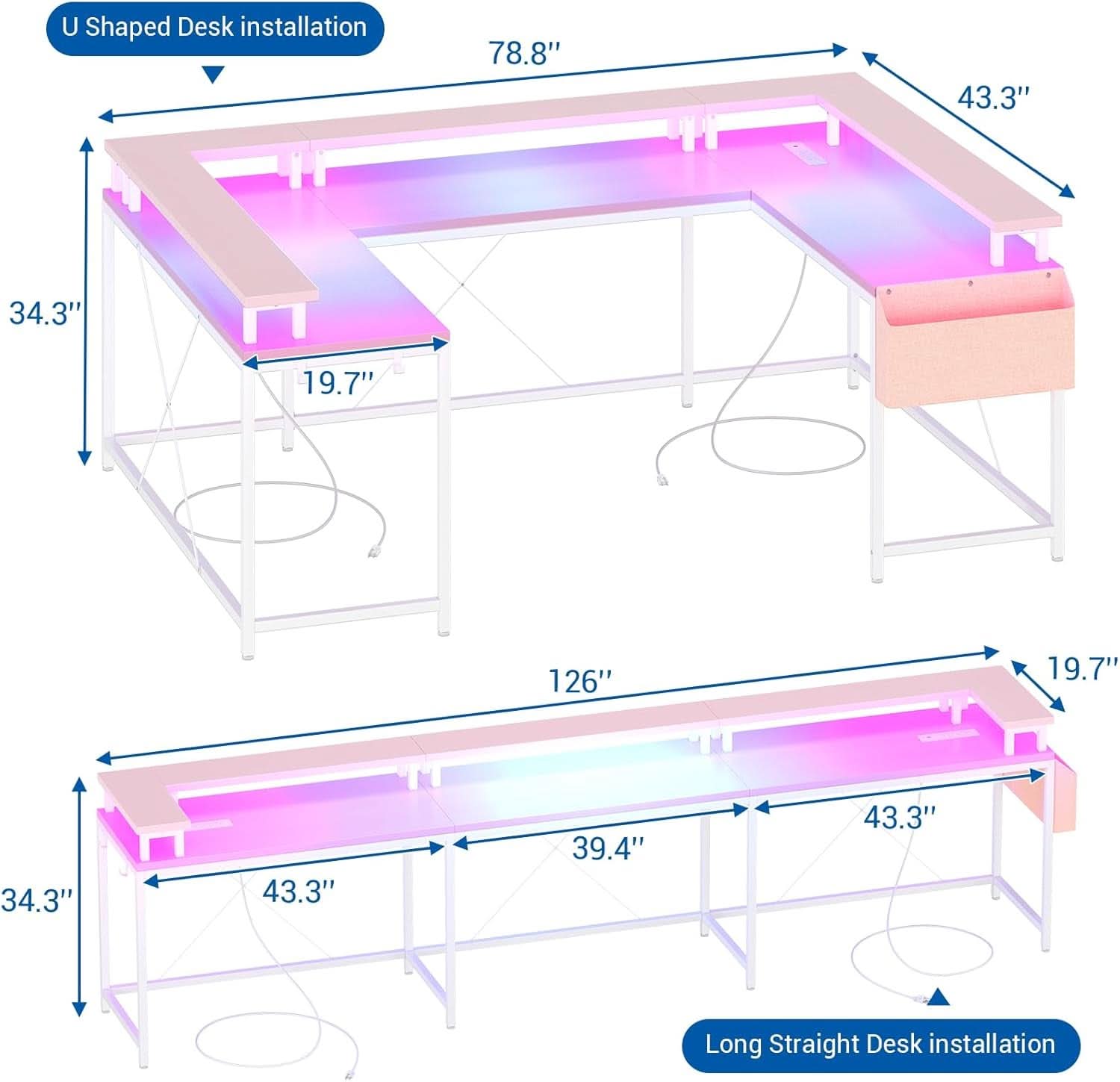 Reversible U Shaped Office Desk with RGB LED Lights