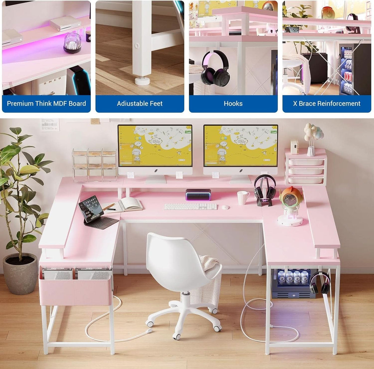 Reversible U Shaped Office Desk with RGB LED Lights