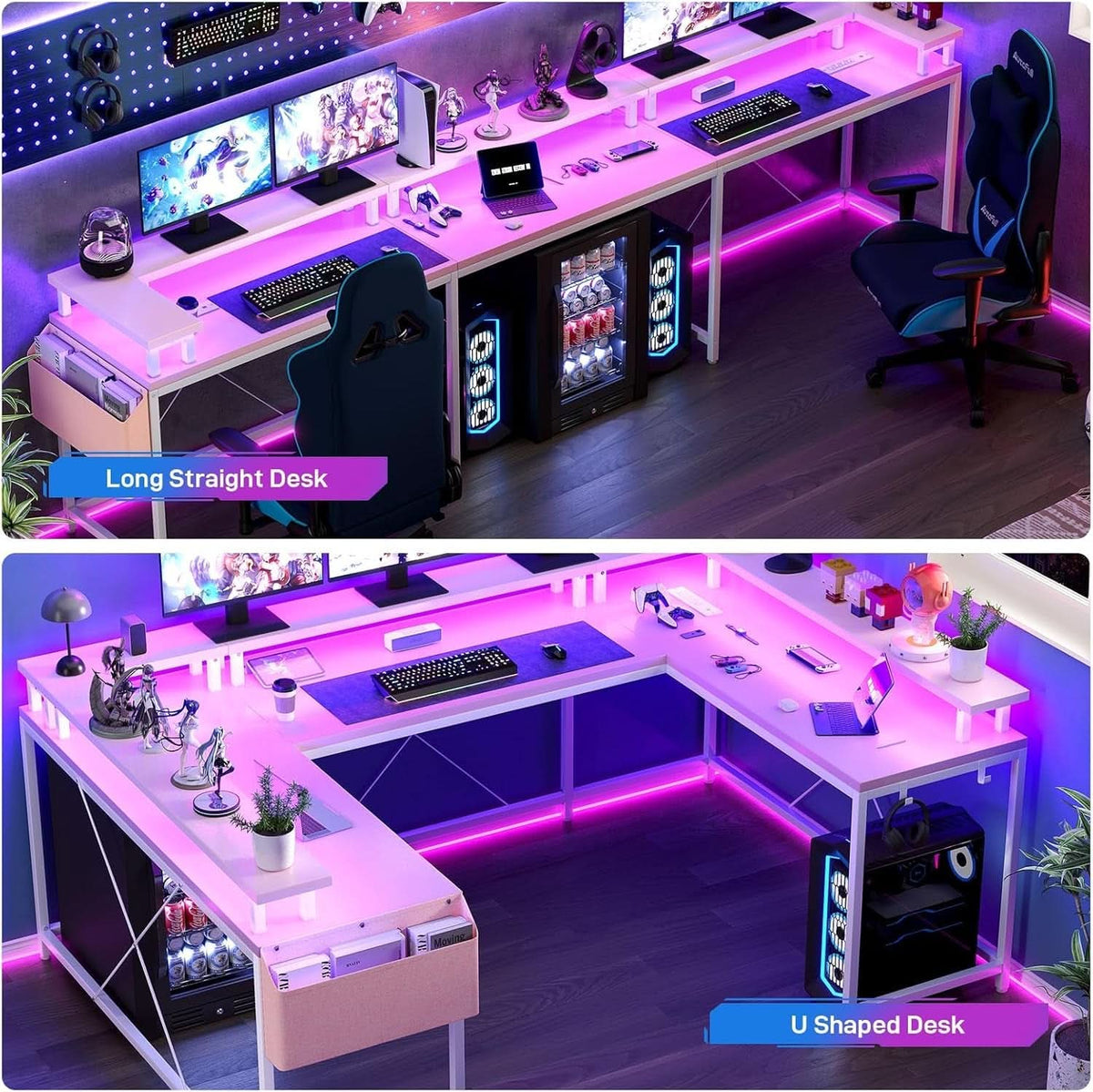 Reversible U Shaped Office Desk with RGB LED Lights