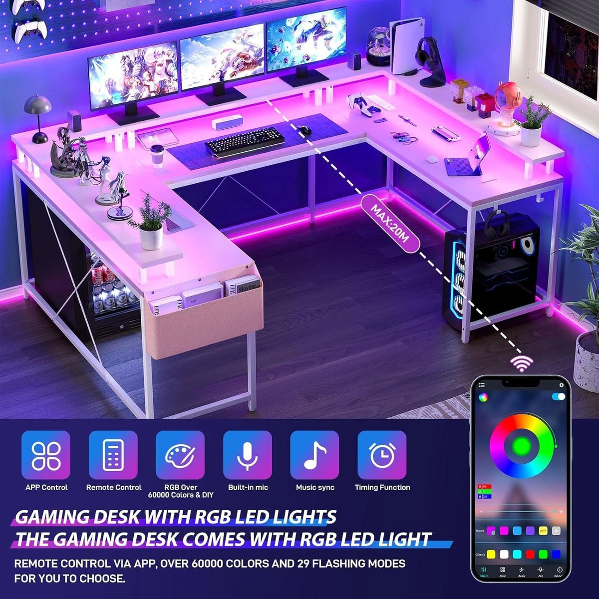 Reversible U Shaped Office Desk with RGB LED Lights