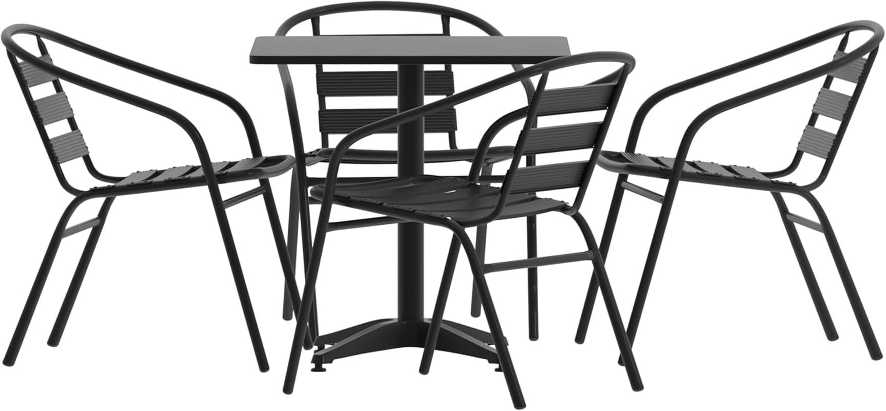 Rhea 27.5 Inch Square Glass Metal Table And 4 Slat Back Chairs Black Patio Set