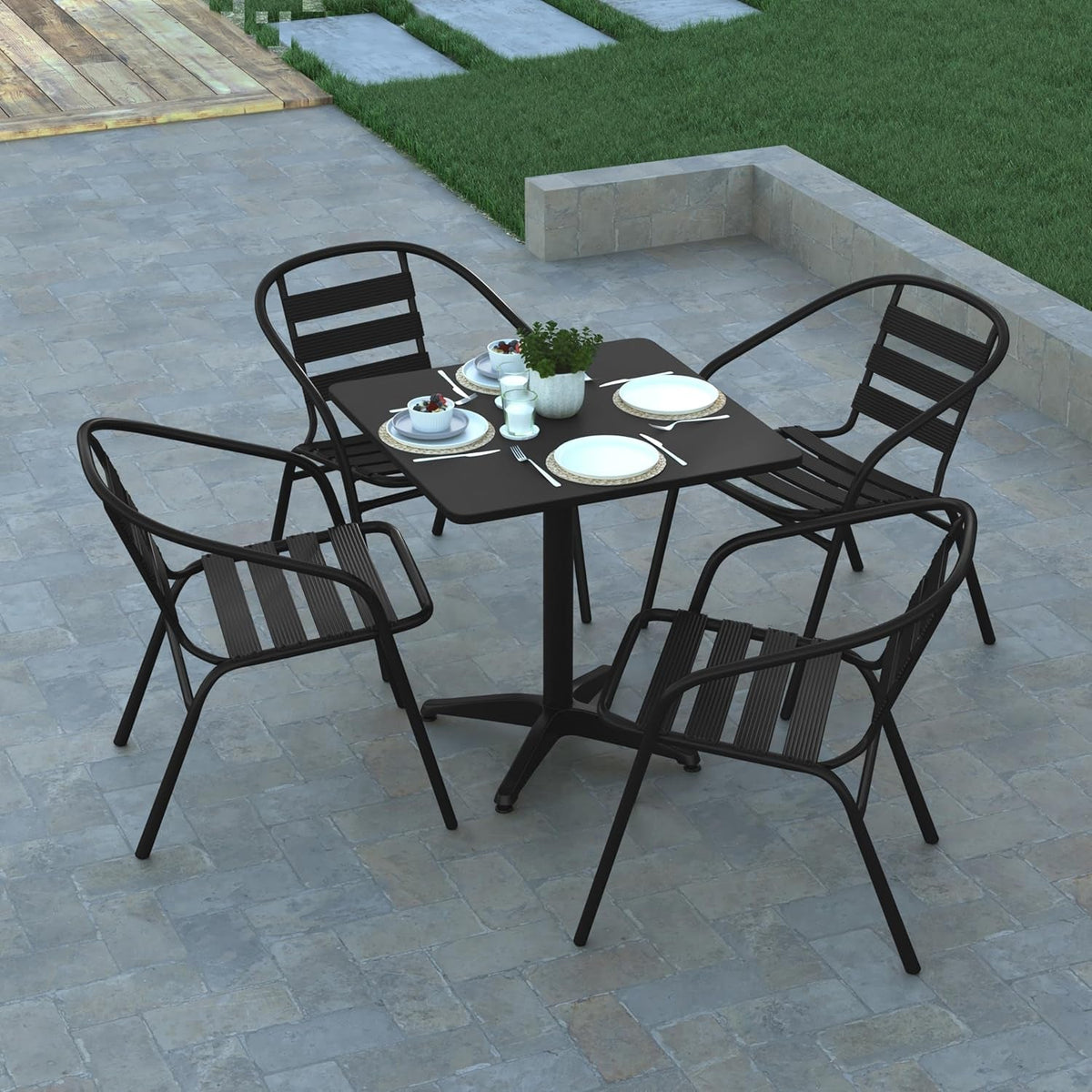 Rhea 27.5 Inch Square Glass Metal Table And 4 Slat Back Chairs Black Patio Set
