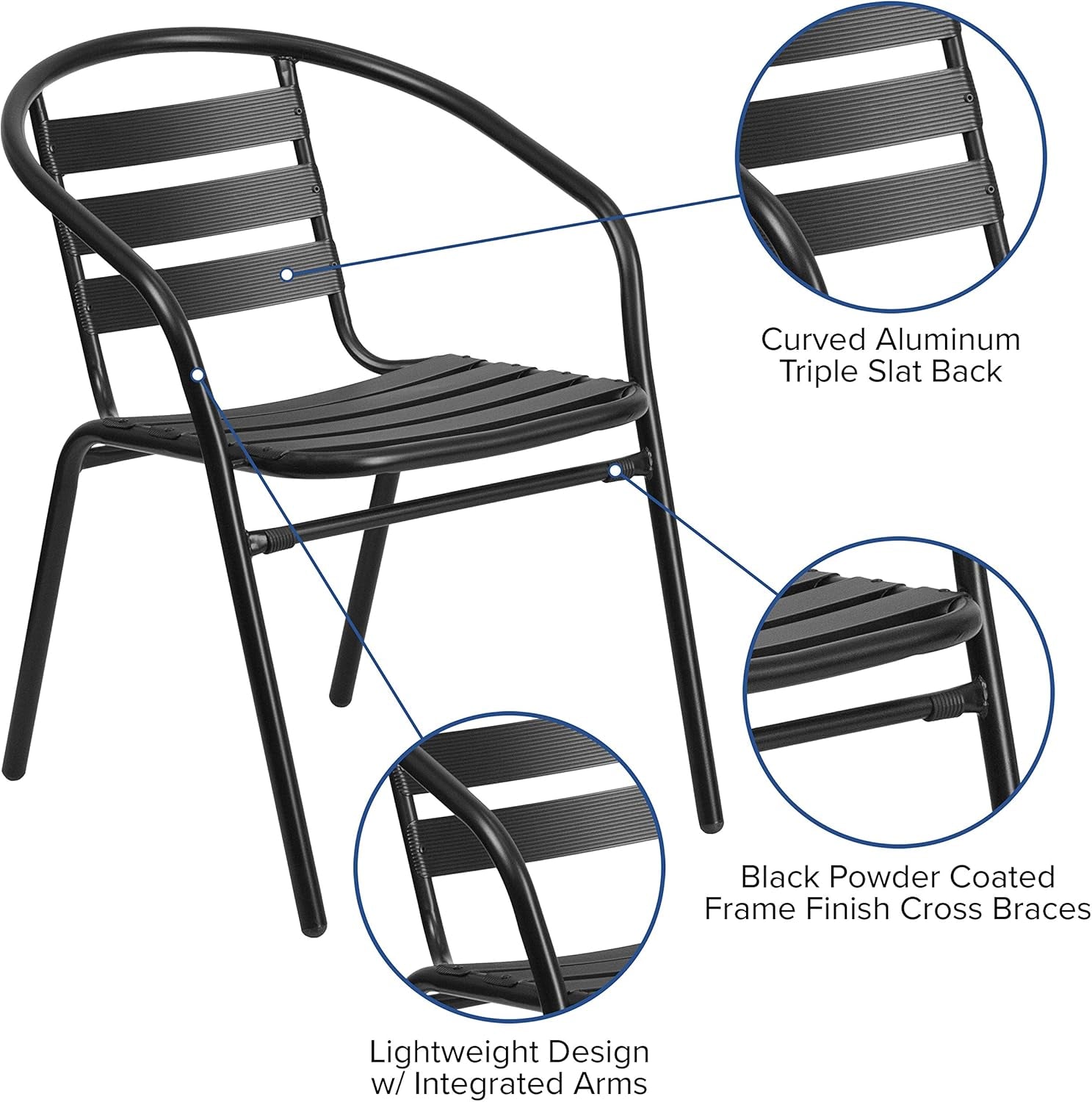 Rhea 27.5 Inch Square Glass Metal Table And 4 Slat Back Chairs Black Patio Set
