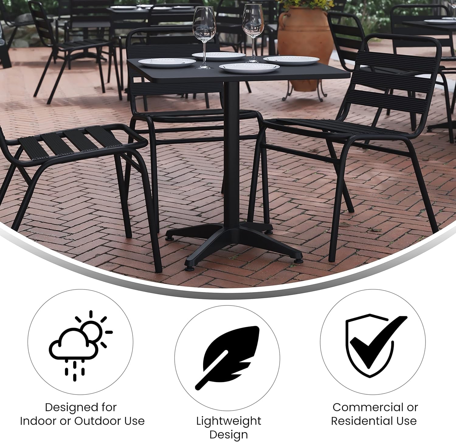 Rhea 27.5 Inch Square Glass Metal Table And 4 Slat Back Chairs Black Patio Set