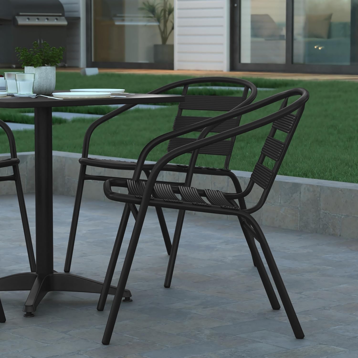 Rhea 27.5 Inch Square Glass Metal Table And 4 Slat Back Chairs Black Patio Set