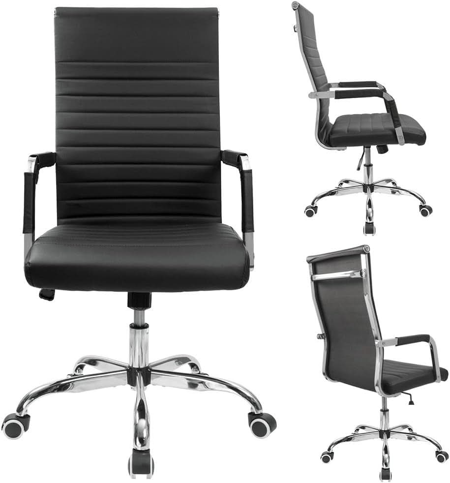 Ribbed Mid Back PU Leather Desk Chair Adjustable Black