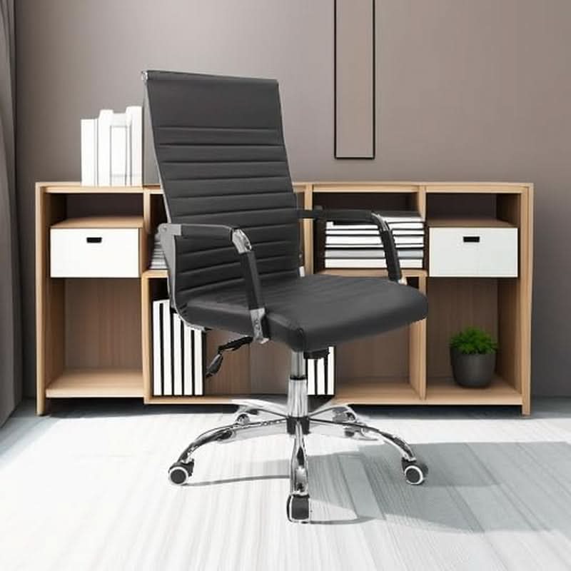 Ribbed Mid Back PU Leather Desk Chair Adjustable Black