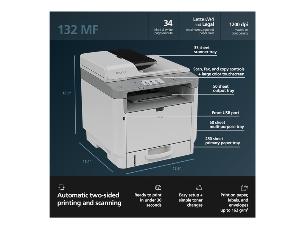 Ricoh 132 MF - Multifunction printer - B/W - laser - Legal (8.5 in x 14 in) (original) - A4/Legal (media) - up to 34 ppm