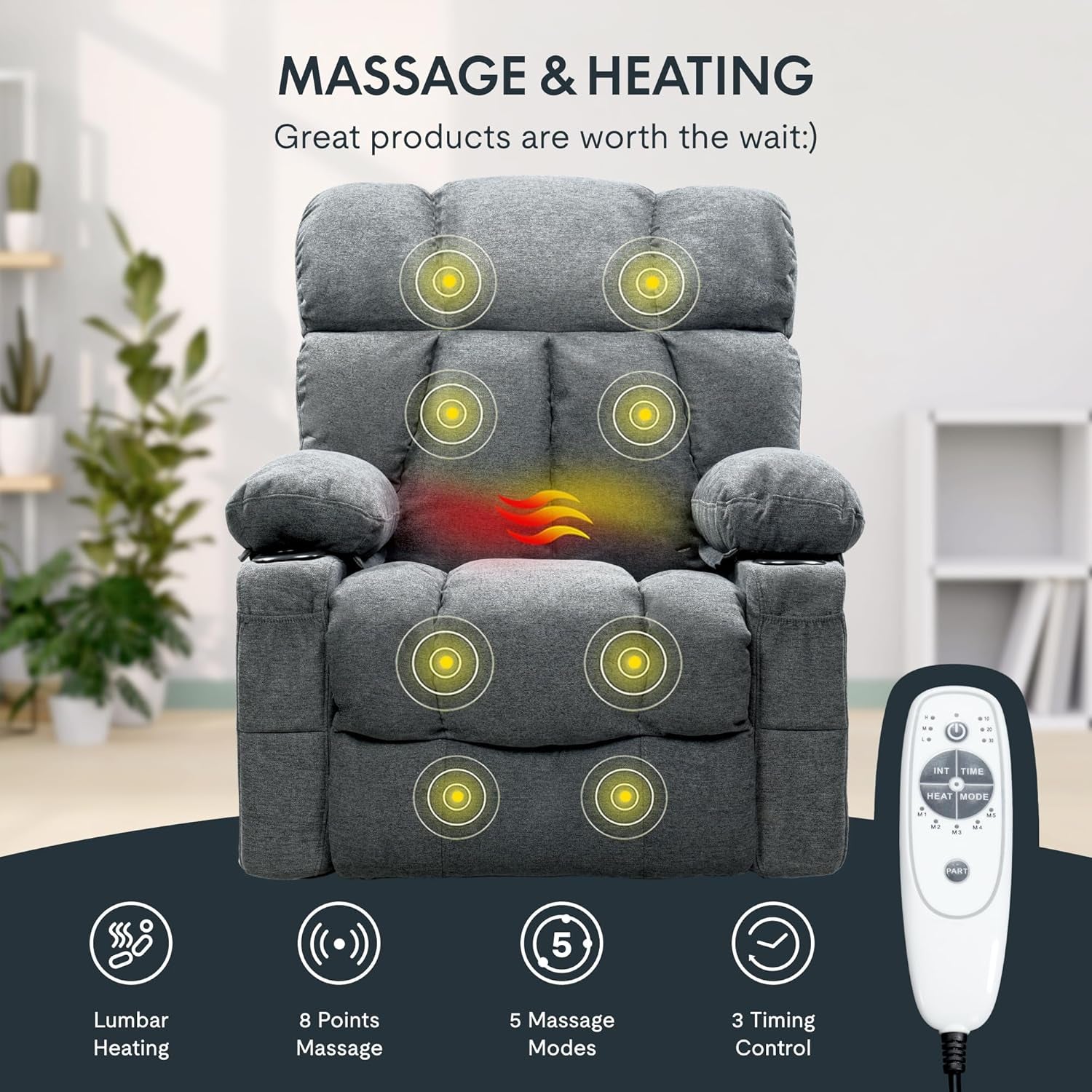 Rocker Recliner Chair With Massage And Heat Gray XRC3