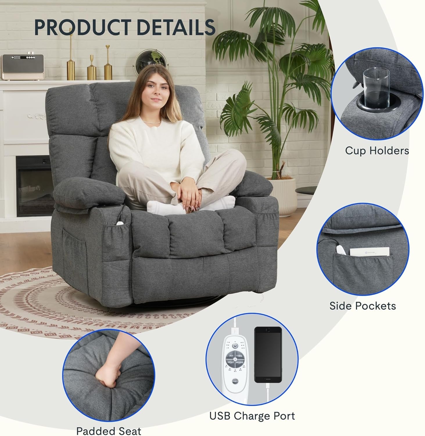 Rocker Recliner Chair With Massage And Heat Gray XRC3