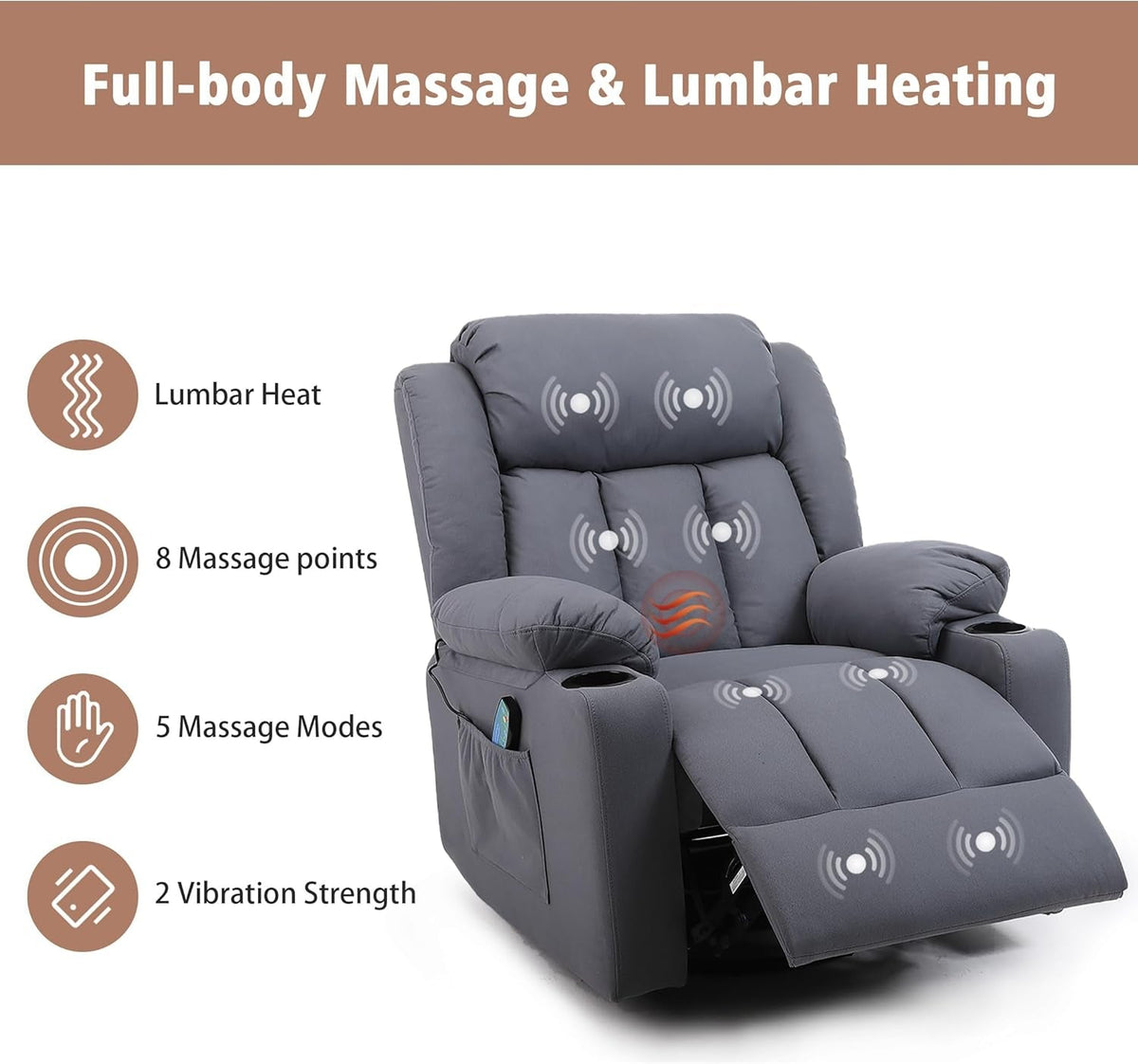 Rocker Swivel Recliner Chair Massage And Heat Tech Grey