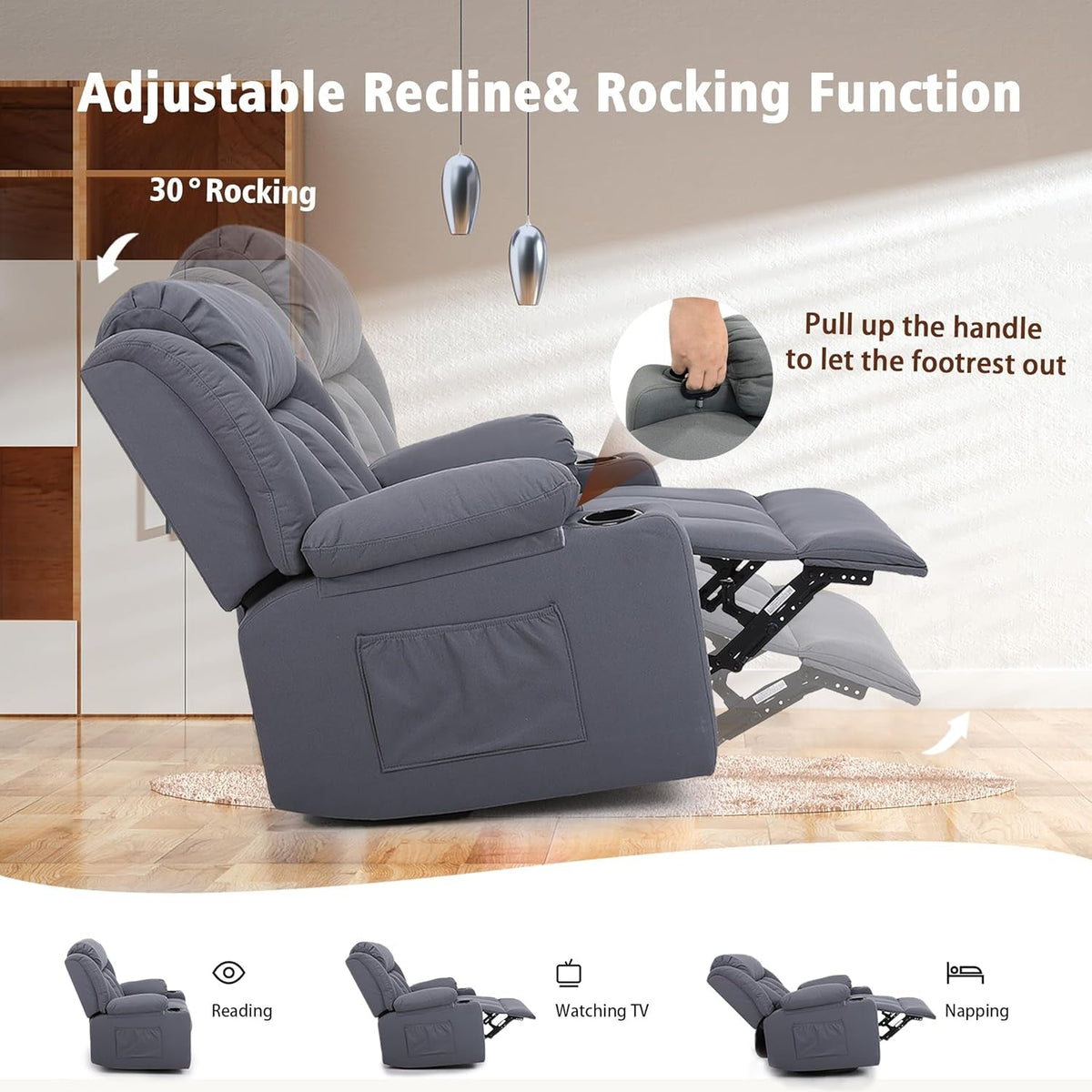 Rocker Swivel Recliner Chair Massage And Heat Tech Grey
