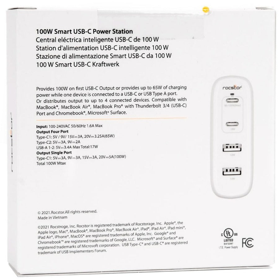 Rocstor 100W 4-Port Smart Usb-C Power Ac Adapter Charger