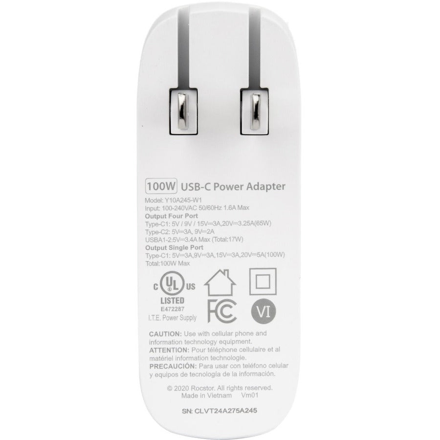 Rocstor 100W 4-Port Smart Usb-C Power Ac Adapter Charger