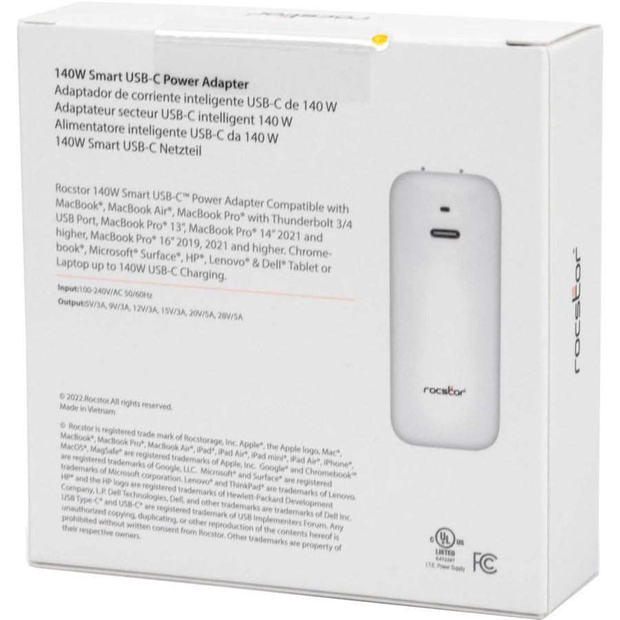 Rocstor 140W Smart USB-C&trade; Power Adapter AC Charger. Compatible with Apple&reg; MacBook&reg;, MacBook Air&reg;, MacBook Pro&reg; with Thunderbolt 3/4 (87W & 96W), MacBook Pro&reg; 13 (61 & 67W) Y10A271-W1